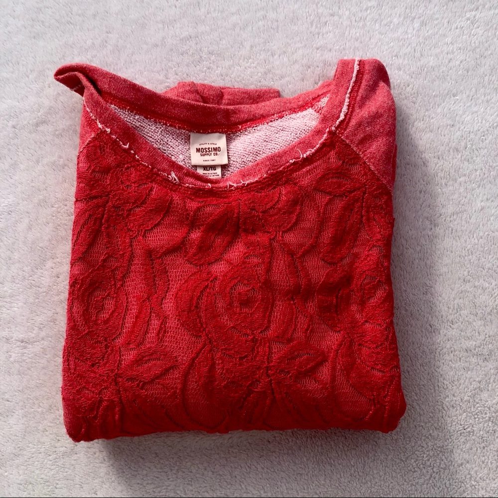 Mossimo Sweatshirt Top Distressed Lace Overlay Sweatshirt Coral Juniors - Picture 8 of 11